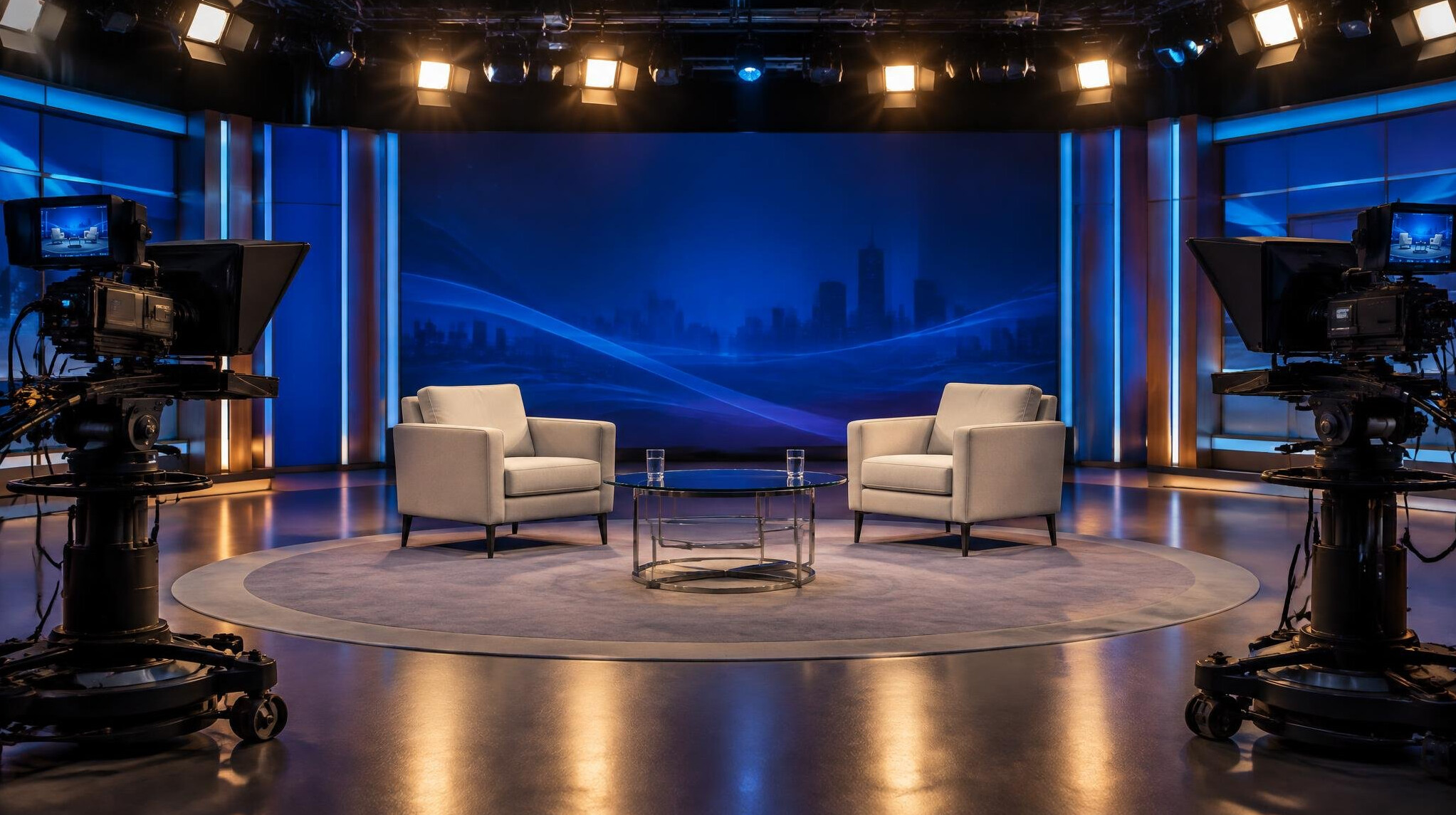 Empty television debate studio with two chairs and bright stage lights