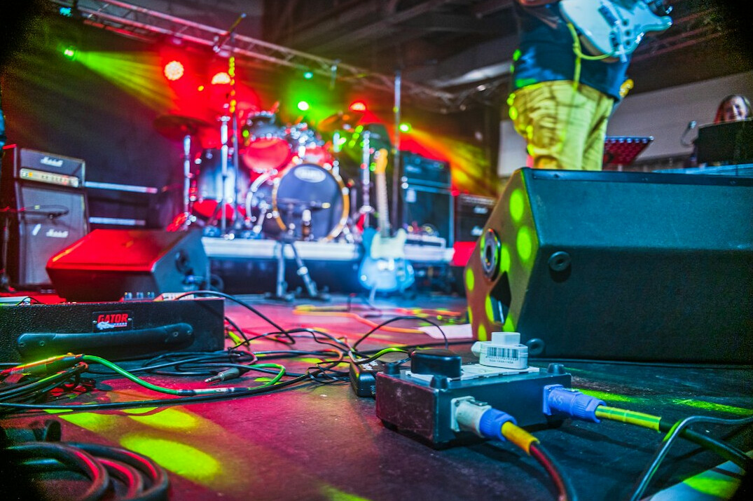 Backstage studio equipment with cables and lighting rigs